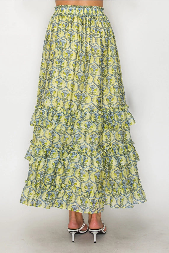 Adelaide Floral Print Tiered Ruffle Maxi Skirt with Elastic Waist