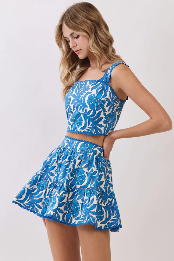 Blue Horizon Blue Floral Tiered Mini Skirt