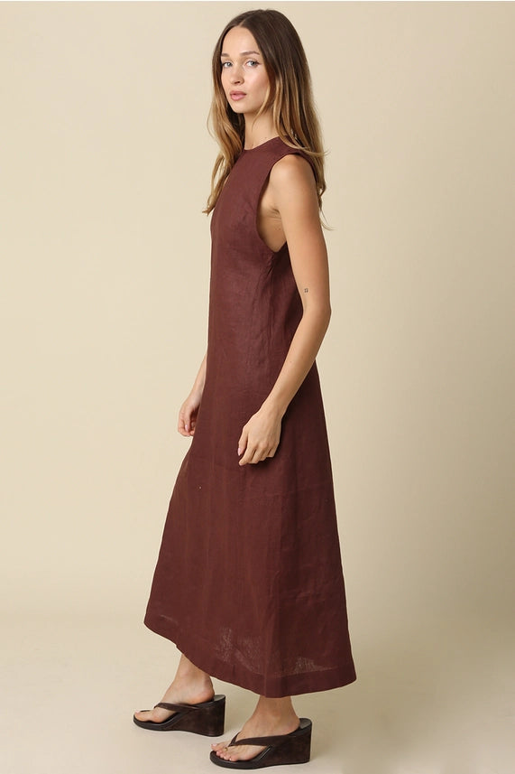 Here She Is Linen Blend Sleeveless Maxi Dress with Open Back Detail