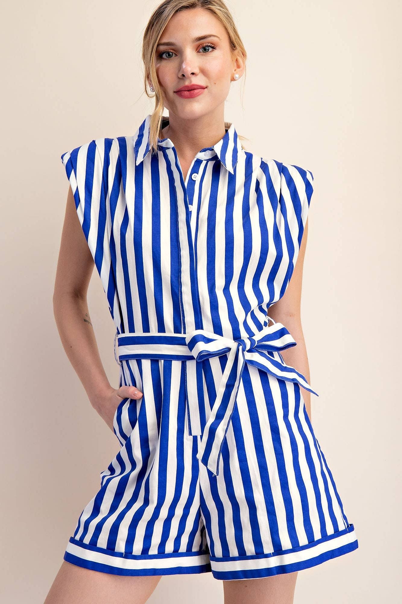 Collar Neck Sleeveless Waist Belted Romper