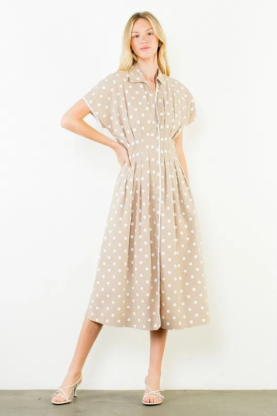 Dot Dot Polka Dot Button Front Collared Dress with Smocked Waist