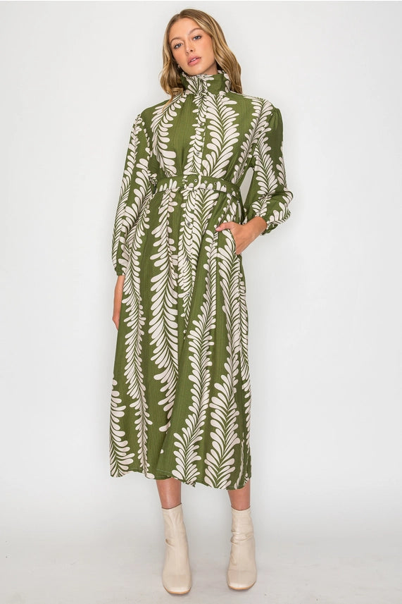 Leaf Your Mark Olive Green Leaf Print Mock Neck Belted Midi Dress