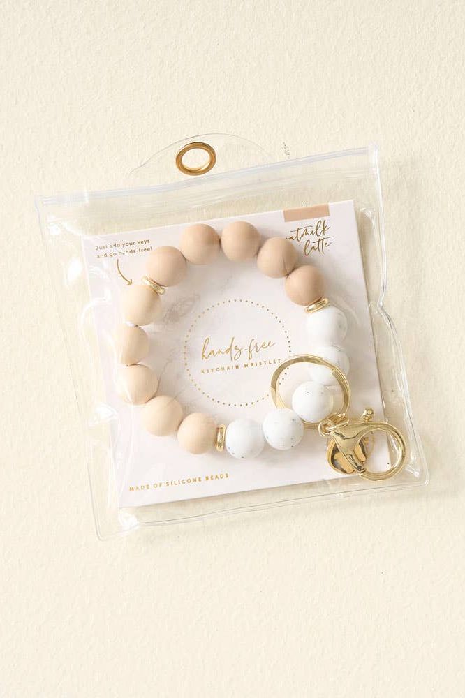 Hands-Free Silicone Beaded Keychain Wristlet - Oatmilk Latte