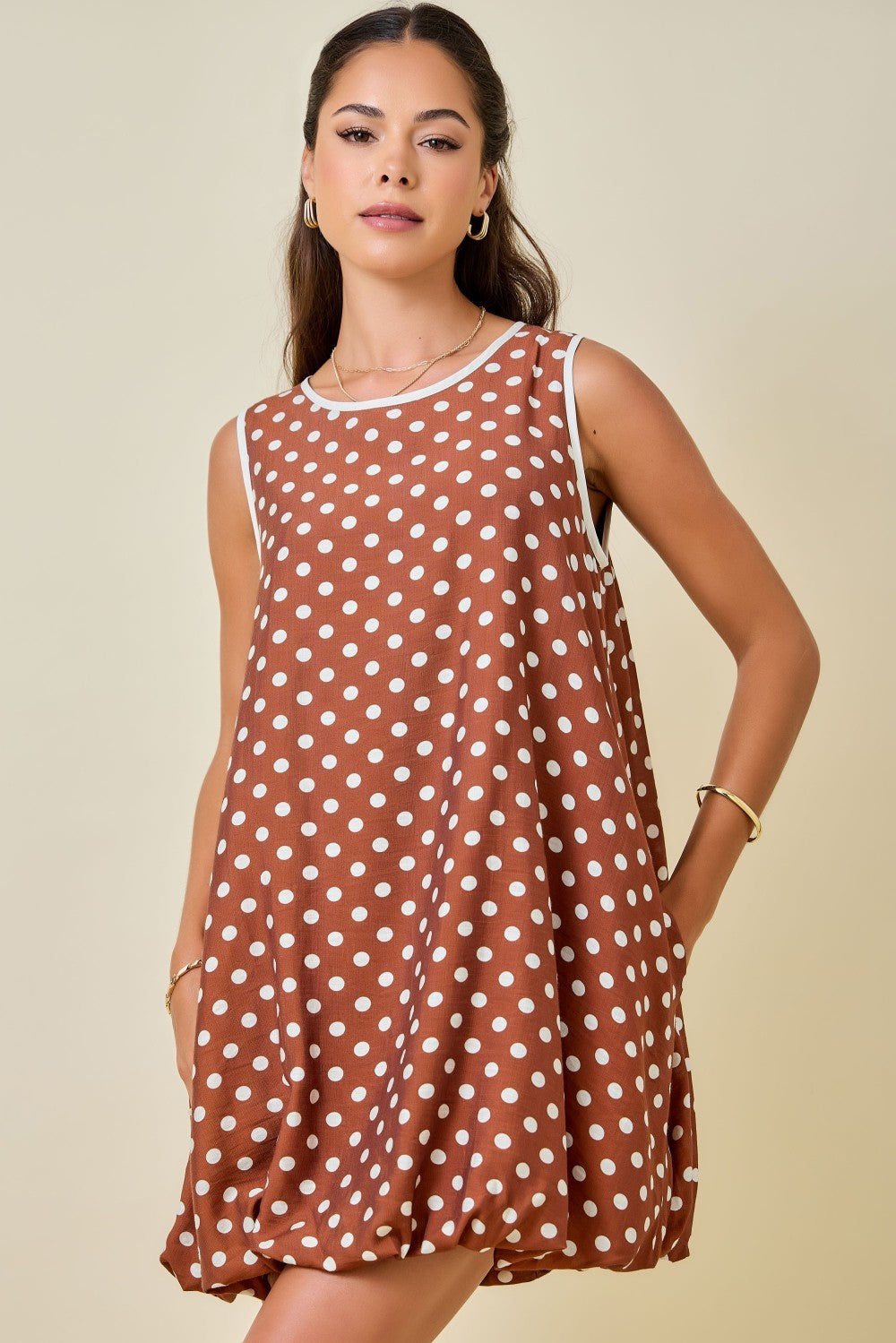 Pop of Fun Polka Dot Sleeveless Bubble Hem Mini Dress with Pockets