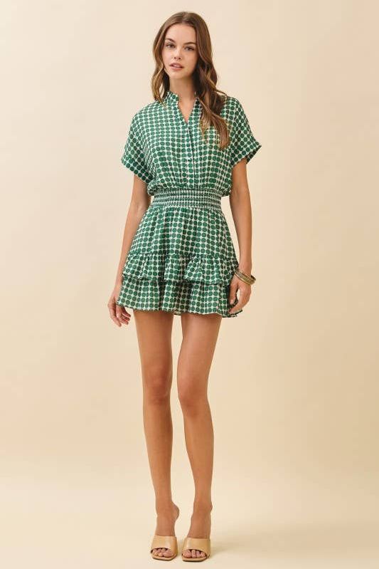 CD05991-Geometric Dot Print Short Cuffed Sleeves Dress