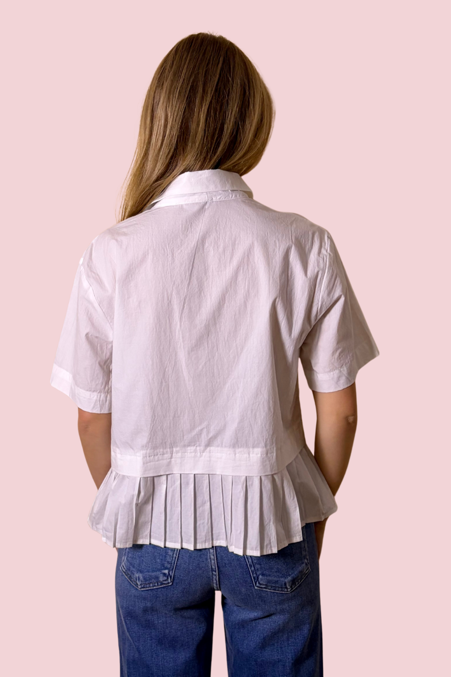 No Questions Asked White Button Front Peplum Top with Pleated Hem and Collared Neckline