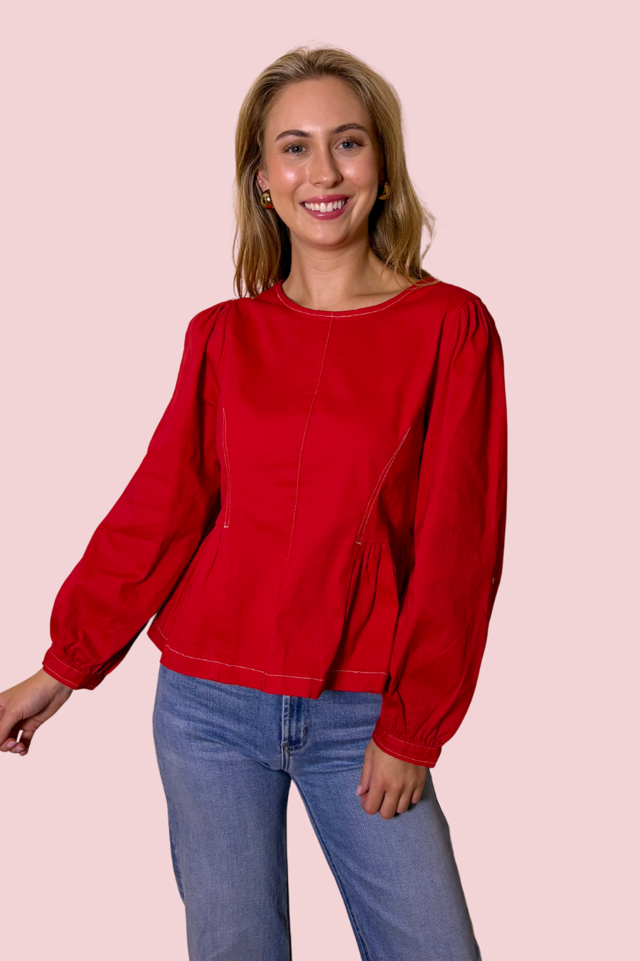 Red-y or Not Long Sleeve Contrast Stitch Top