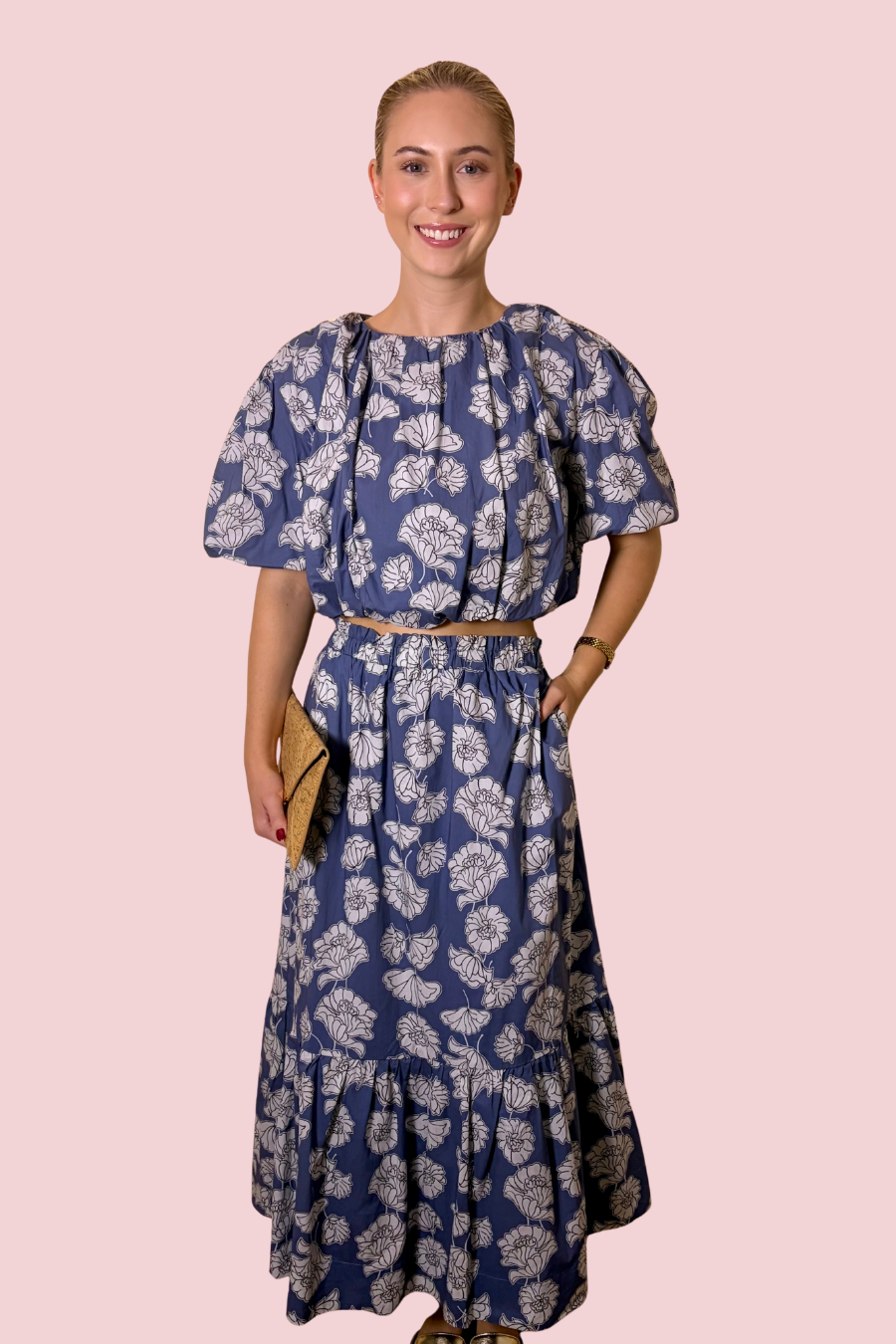 Indigo Bloom Floral Print Balloon Sleeve Blouse