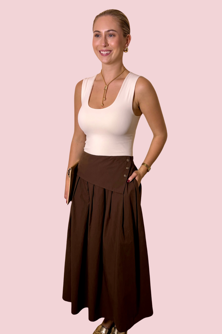 Cute as a Button Chocolate Brown Pleated Maxi Skirt