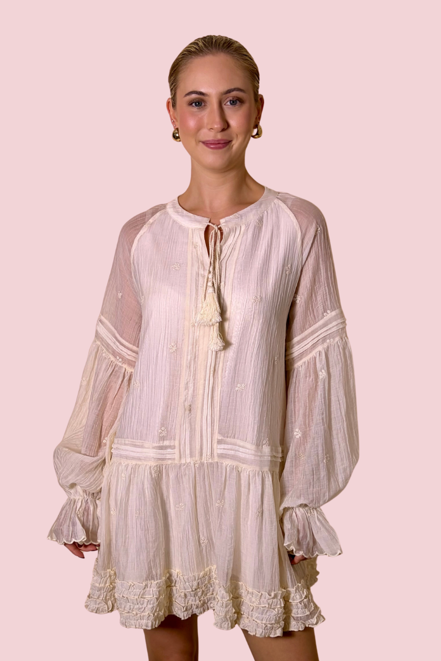 Ruffled Romance Tassel Tie Neck Long Sleeve Boho Mini Dress
