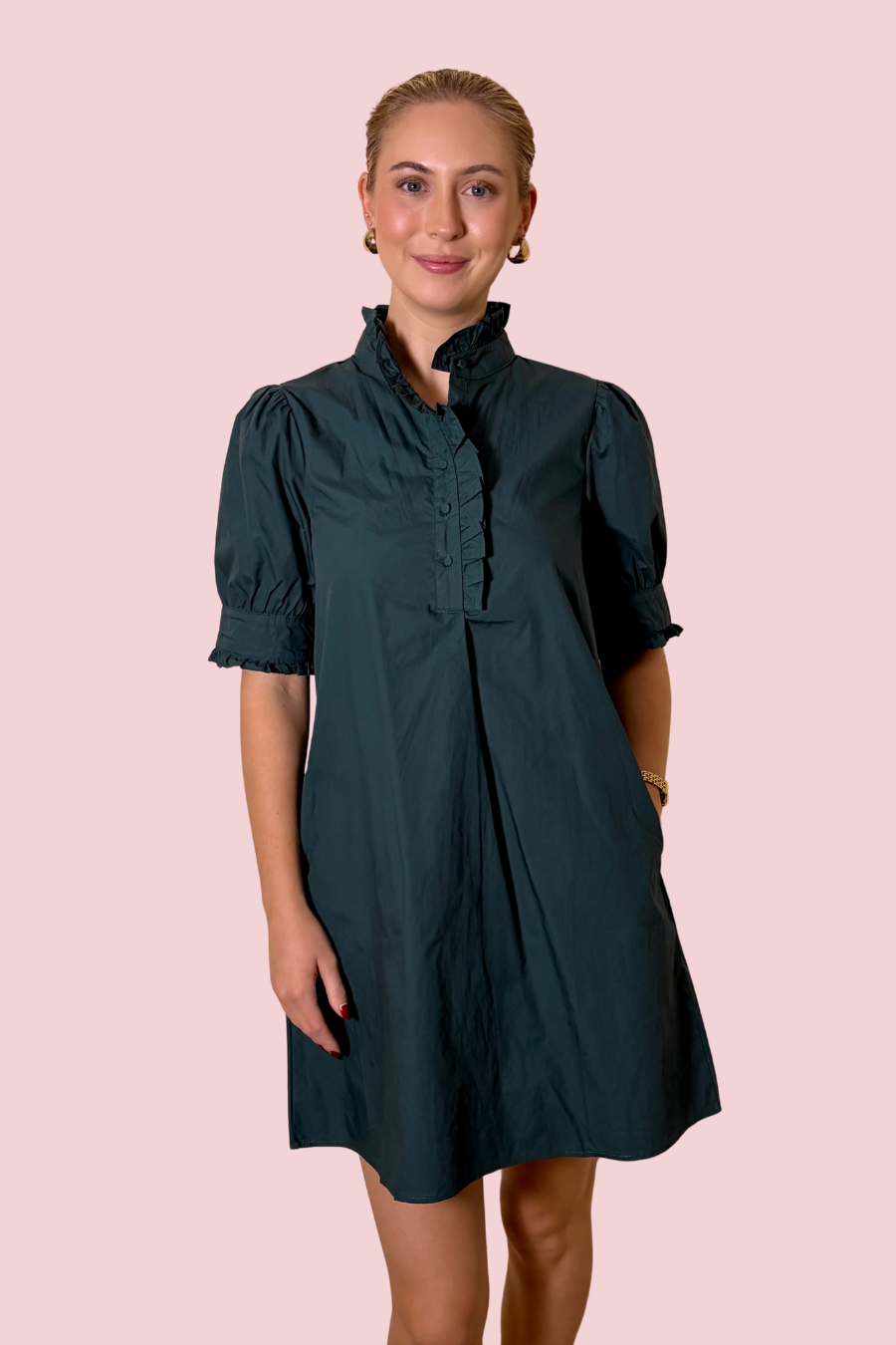 Emerald Hour Ruffle Puff Sleeve Mini Dress