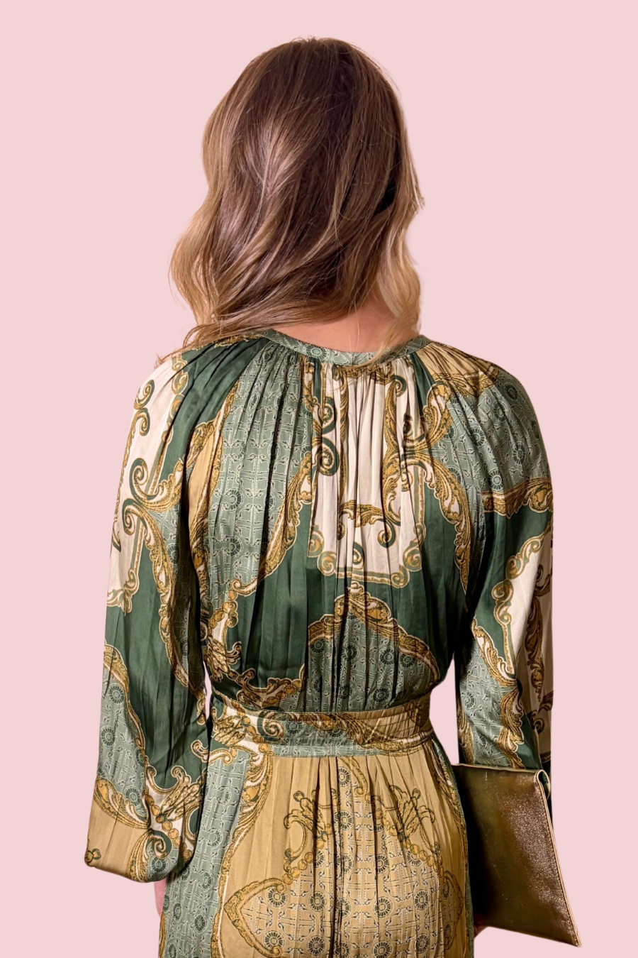 Pleat Me Halfway Long Sleeve Keyhole Neck Tie Waist Dress