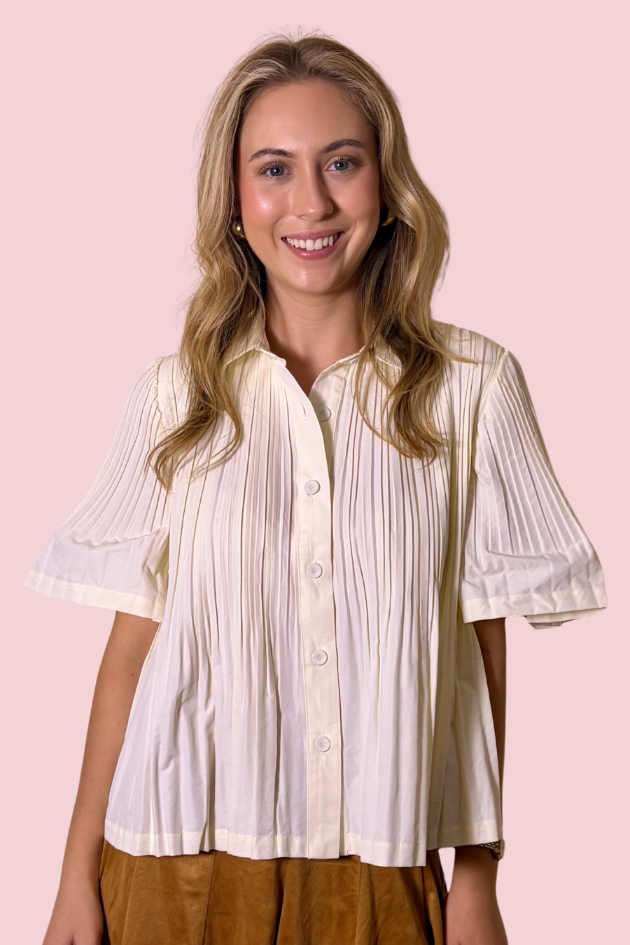 Pleat Perfect Pleated Short Sleeve Swing Blouse with Flared Hem