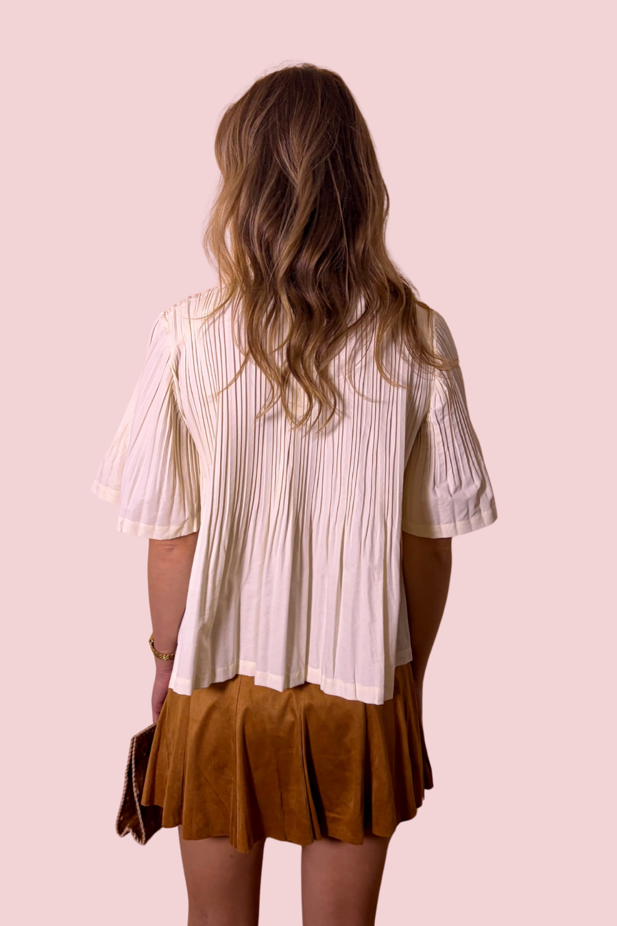 Pleat Perfect Pleated Short Sleeve Swing Blouse with Flared Hem