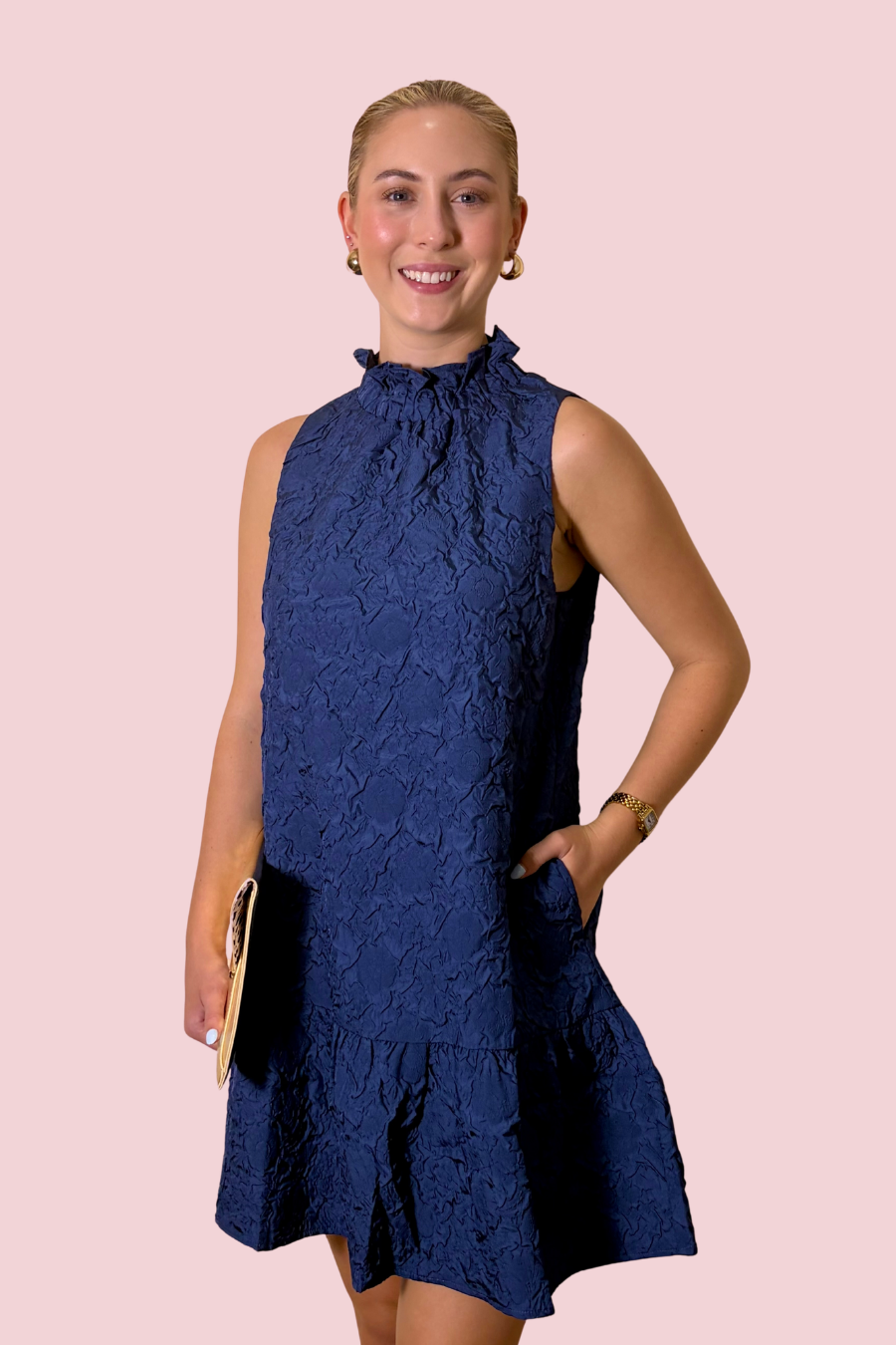 Texture Me This Mock Neck Drop Waist Ruffle Mini Dress