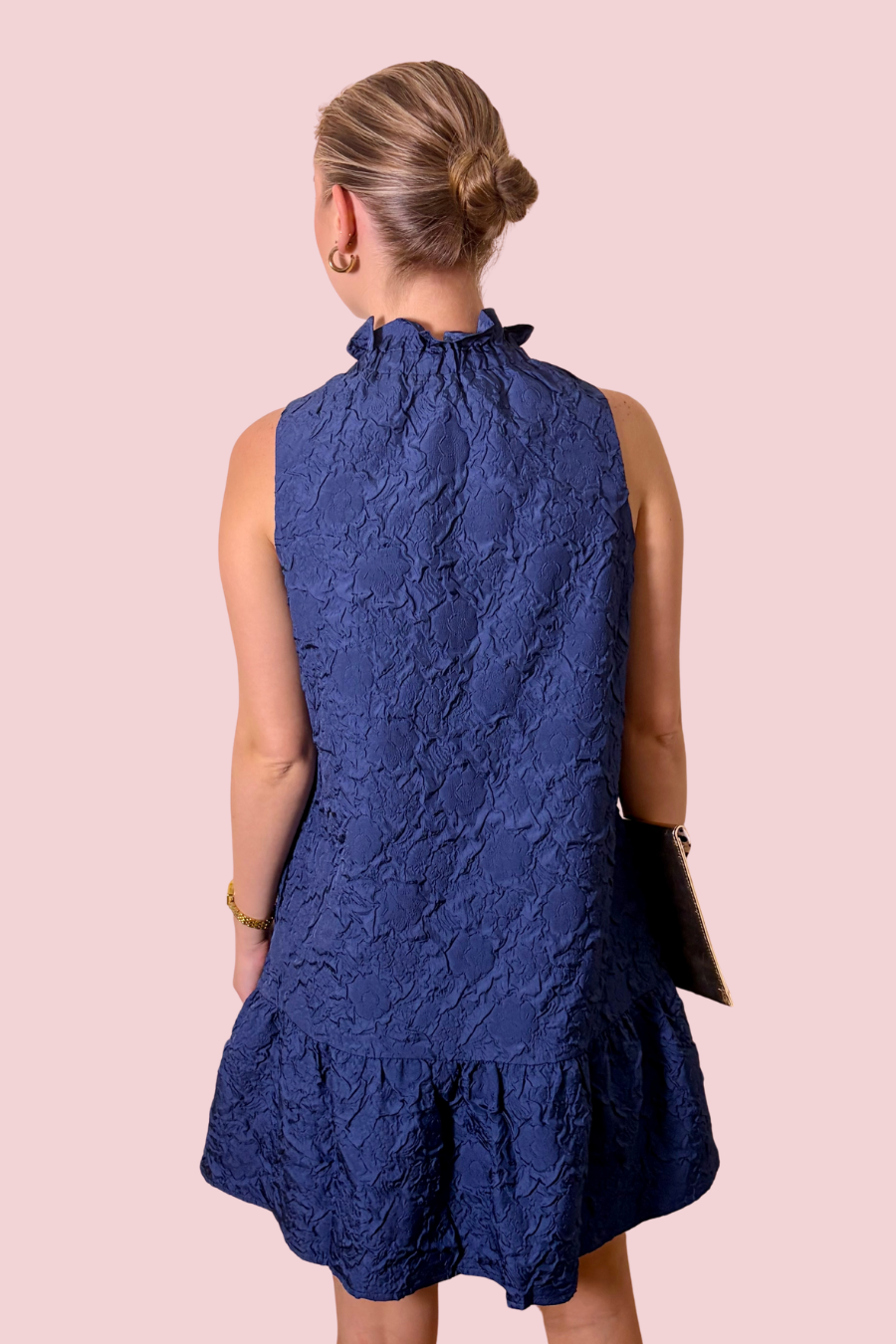 Texture Me This Mock Neck Drop Waist Ruffle Mini Dress
