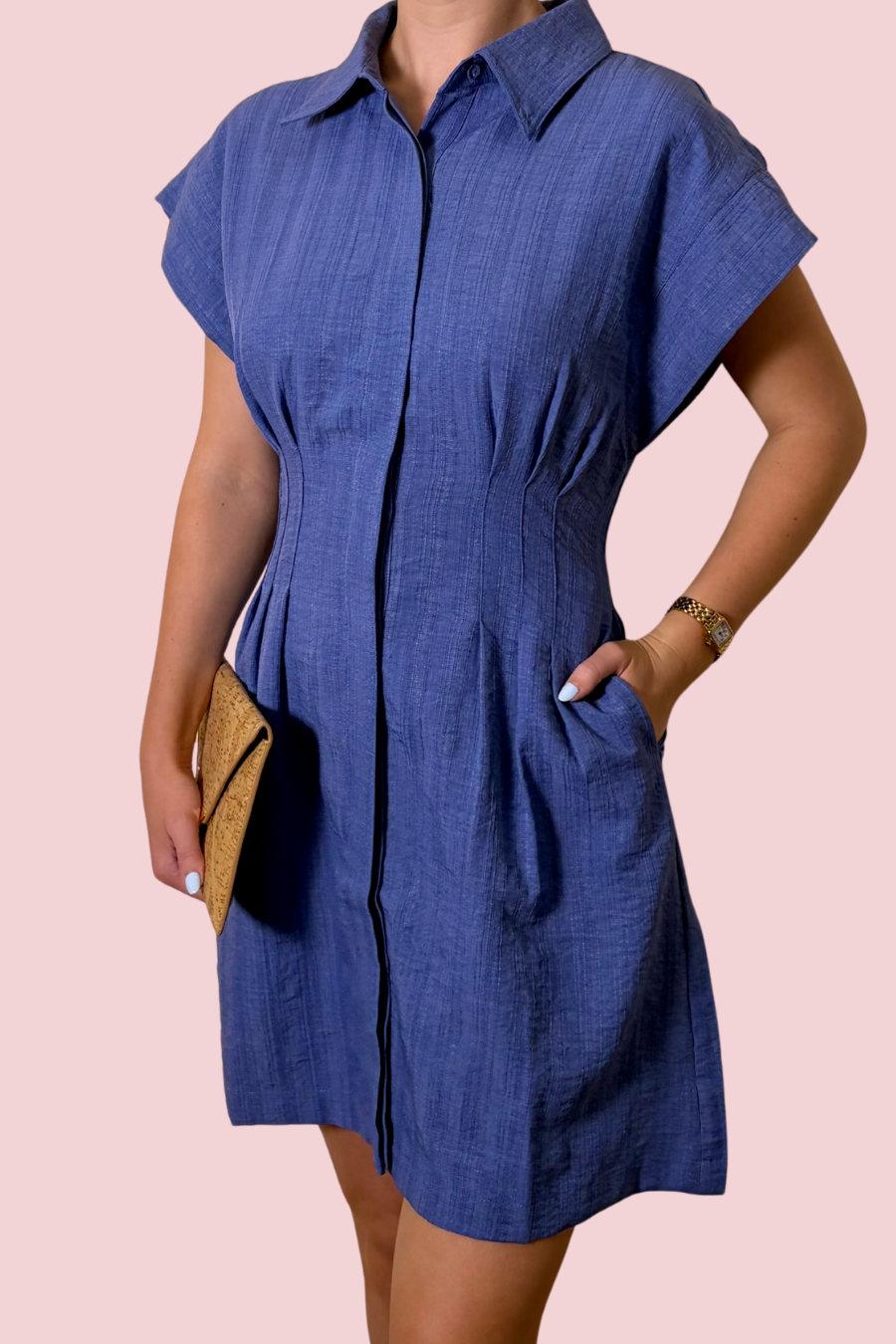 Collar Me Happy Cap Sleeve Button Front Shift Dress with Pleated Waist