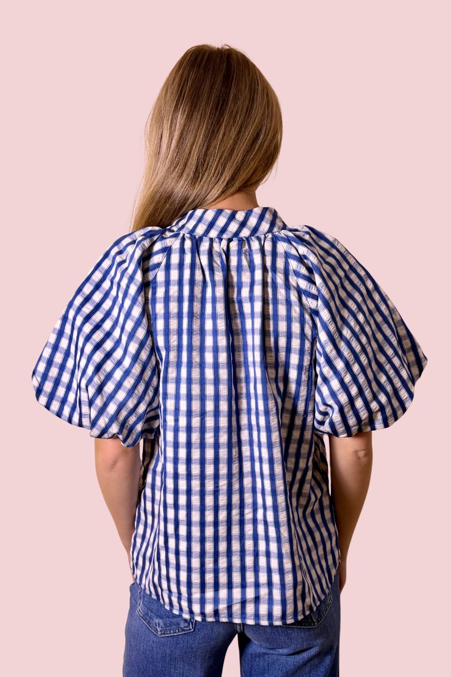 Tied & True Blue Gingham Tie Neck Blouse