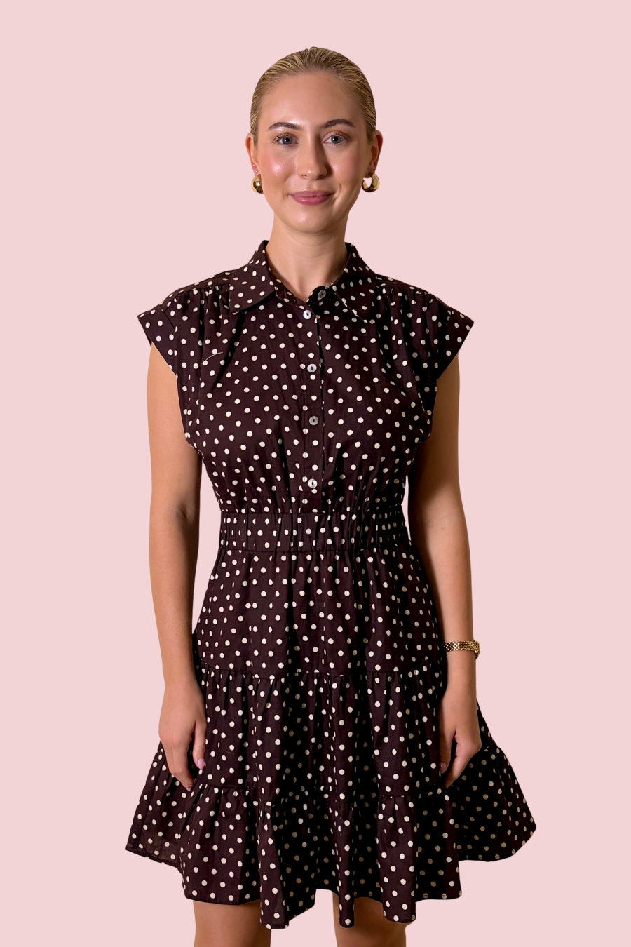 Dot's Amore Polka Dot Button-Front Tiered Mini Dress