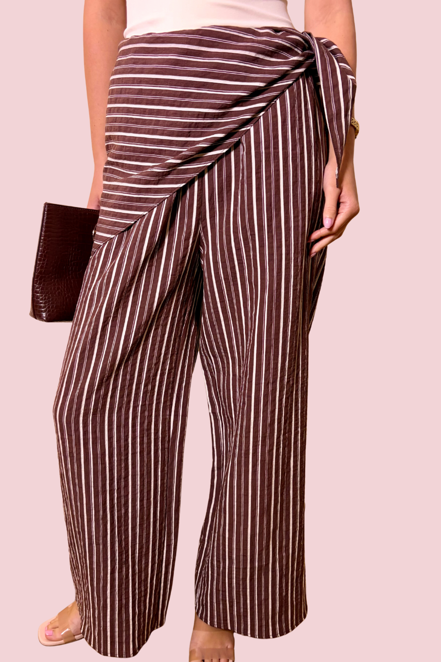 Tie It Your Way Brown Striped Wide Leg Pants with Convertible Tie Scarf