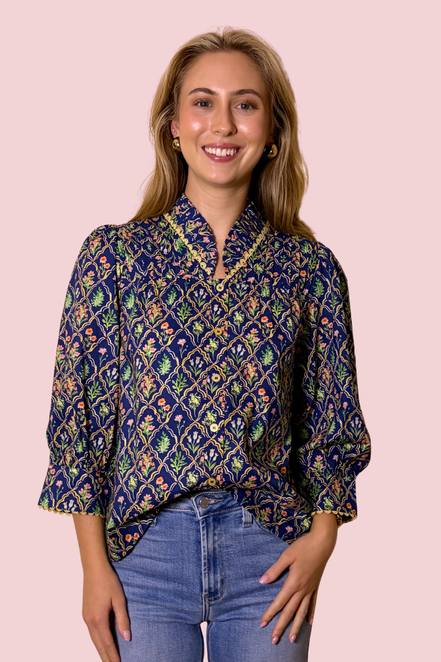 Vintage Vine Floral Print Puff Sleeve Blouse