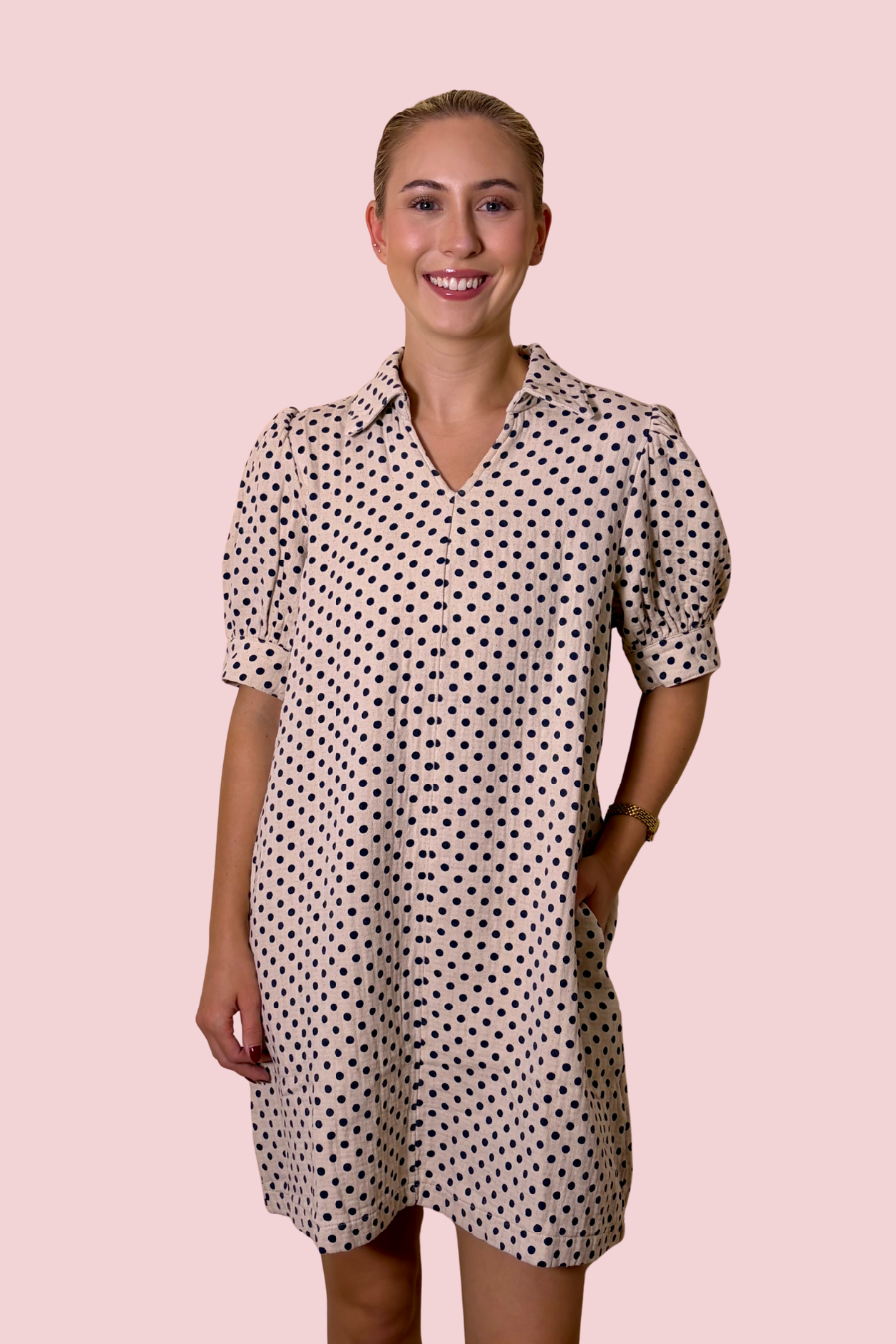 Dotted Delight Polka Dot Puff Sleeve Collared Shift Dress