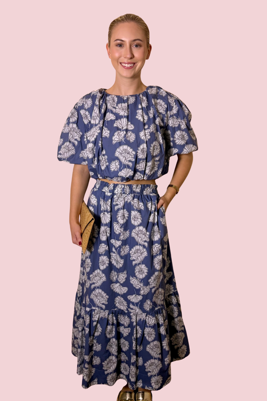 Indigo Bloom Floral Print Tiered Maxi Skirt