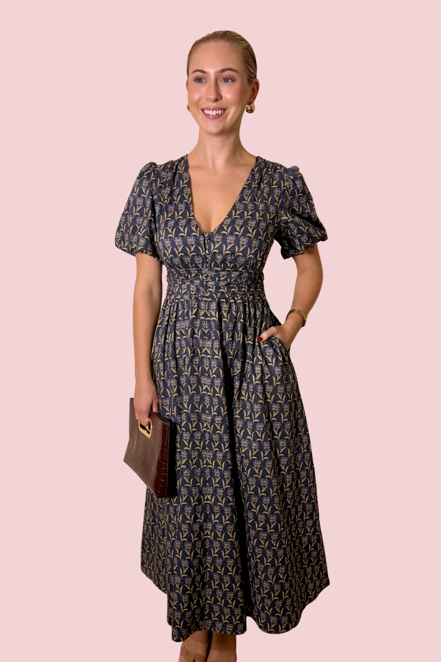 Some Like It Ruched Printed V-Neck Midi Dress with Puff Sleeves and Ruched Waist