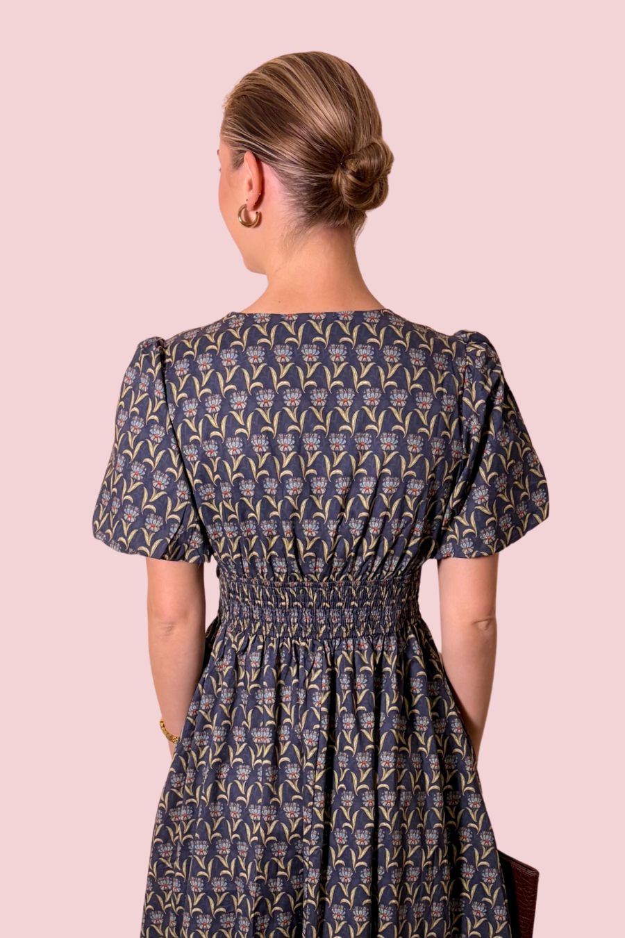 Some Like It Ruched Printed V-Neck Midi Dress with Puff Sleeves and Ruched Waist