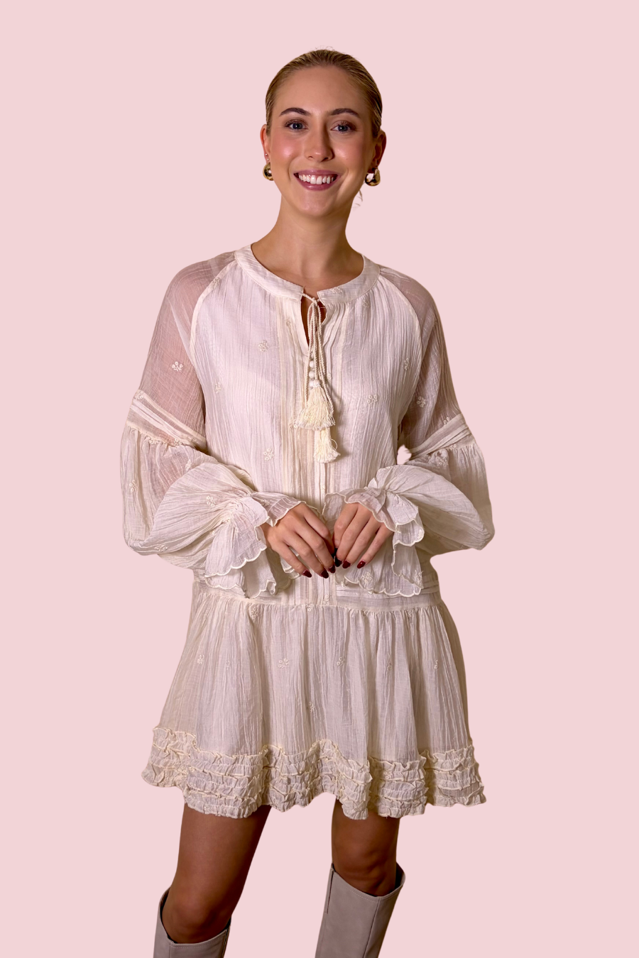 Ruffled Romance Tassel Tie Neck Long Sleeve Boho Mini Dress
