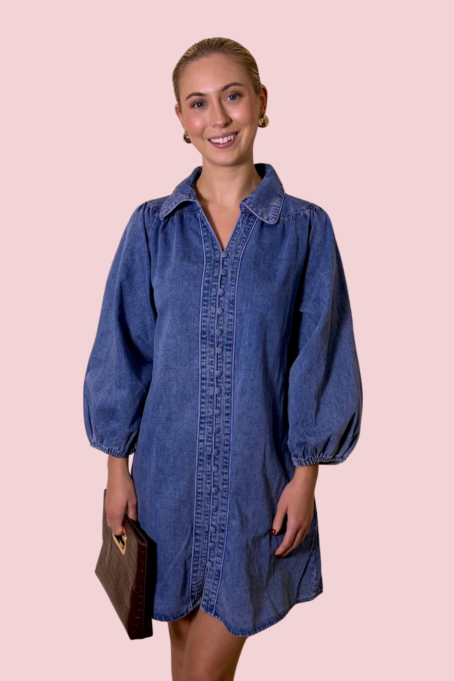 Denim Days Chambray Balloon Sleeve Mini Dress