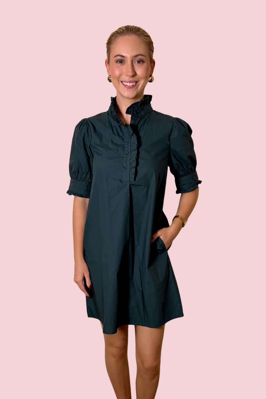Emerald Hour Ruffle Puff Sleeve Mini Dress