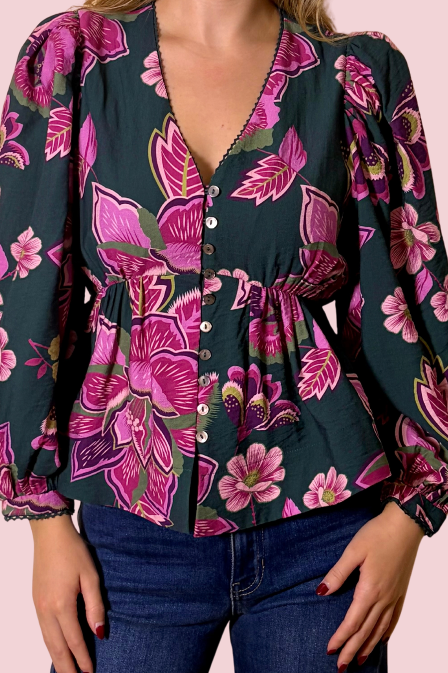 Vine & Dandy V-Neck Balloon Sleeve Floral Top