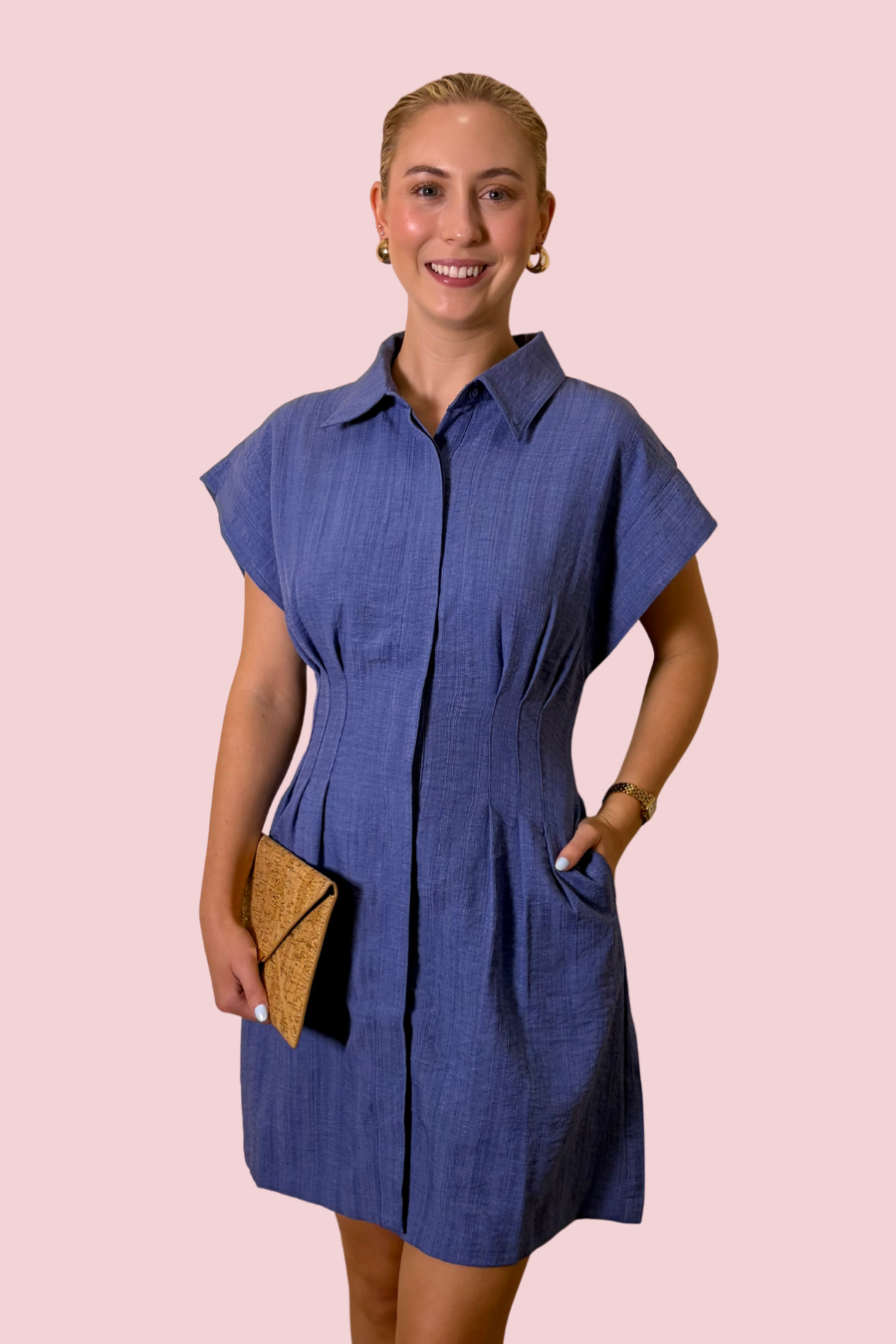 Collar Me Happy Cap Sleeve Button Front Shift Dress with Pleated Waist
