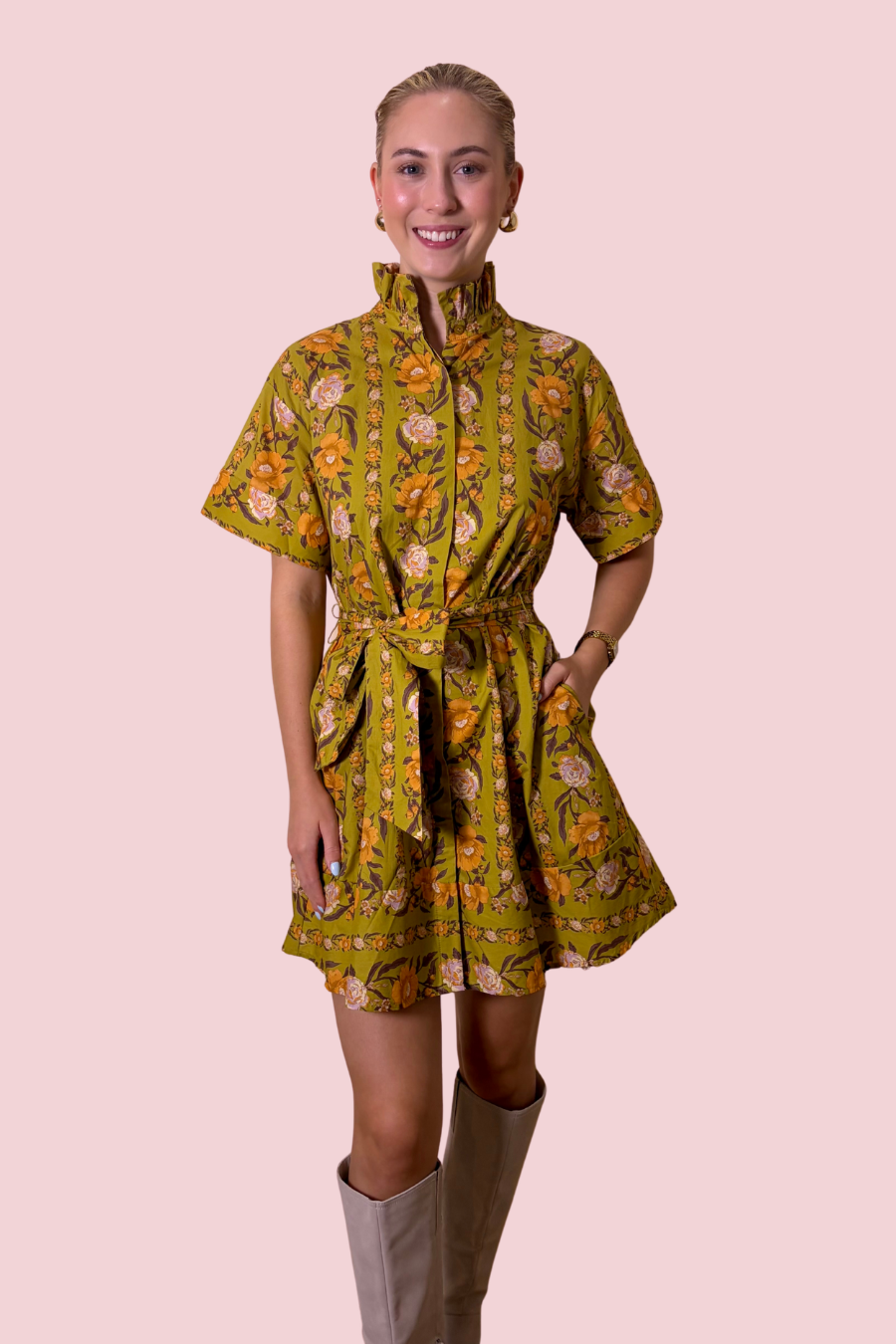 Stop & Smell the Flowers Floral Belted Mini Shirt Dress