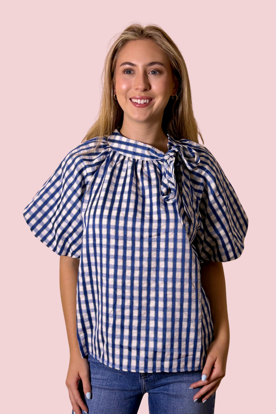 Tied & True Blue Gingham Tie Neck Blouse