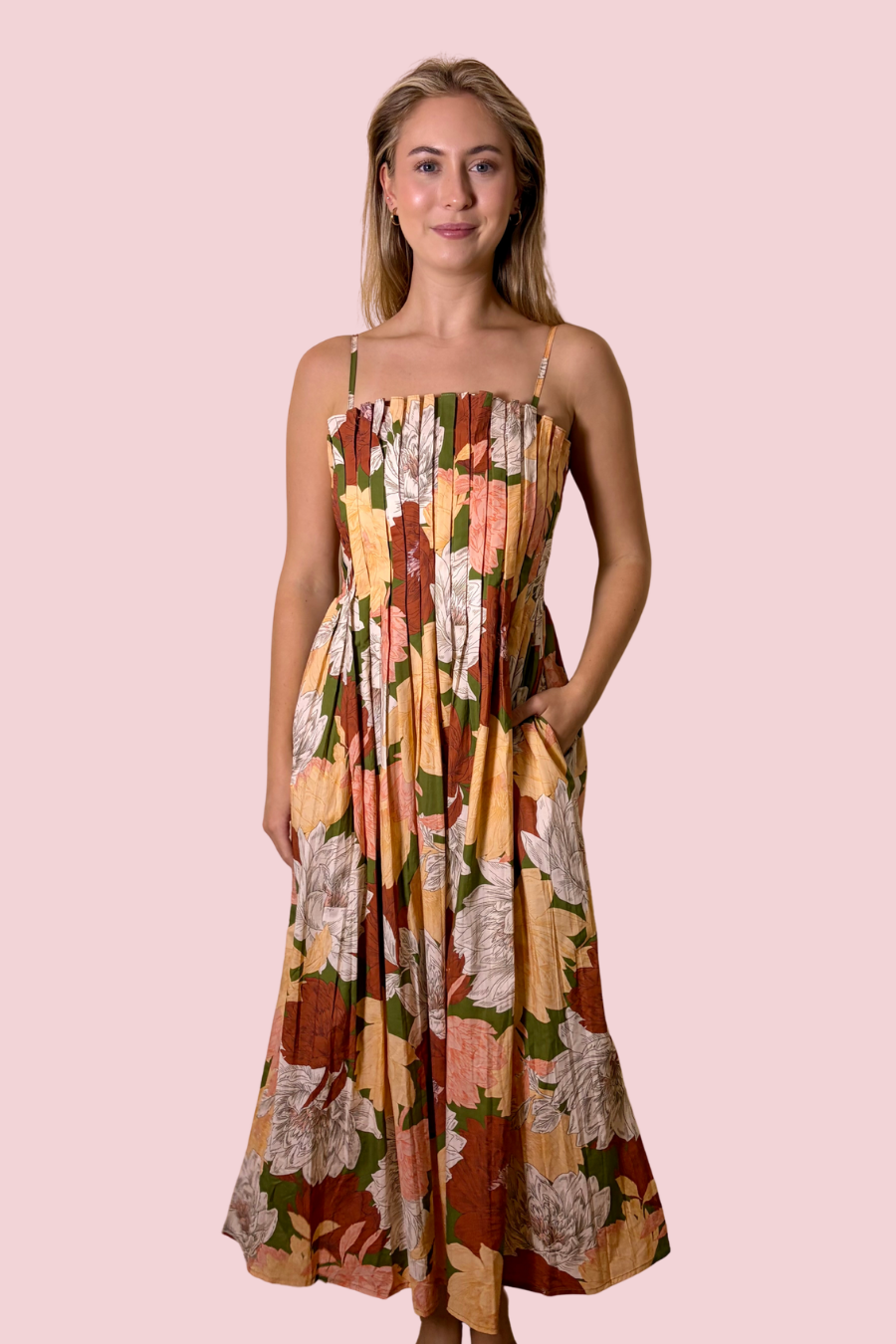Floral Reverie Adjustable Strap A-Line Dress with Pockets