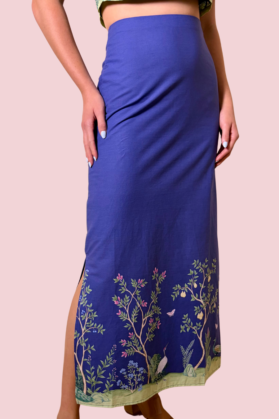 Vine and Vogue Blue Botanical Print Maxi Skirt