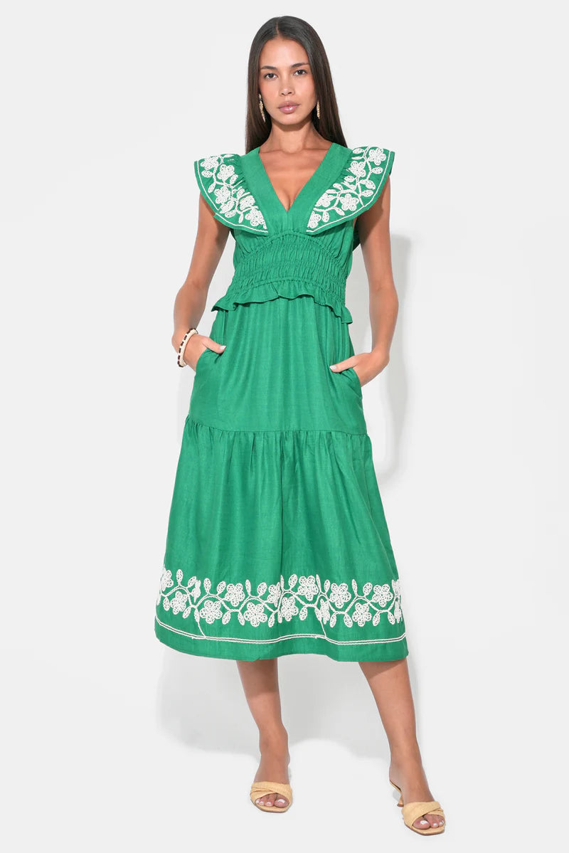 Amaya Green Ruffle Embroidery Midi Dress