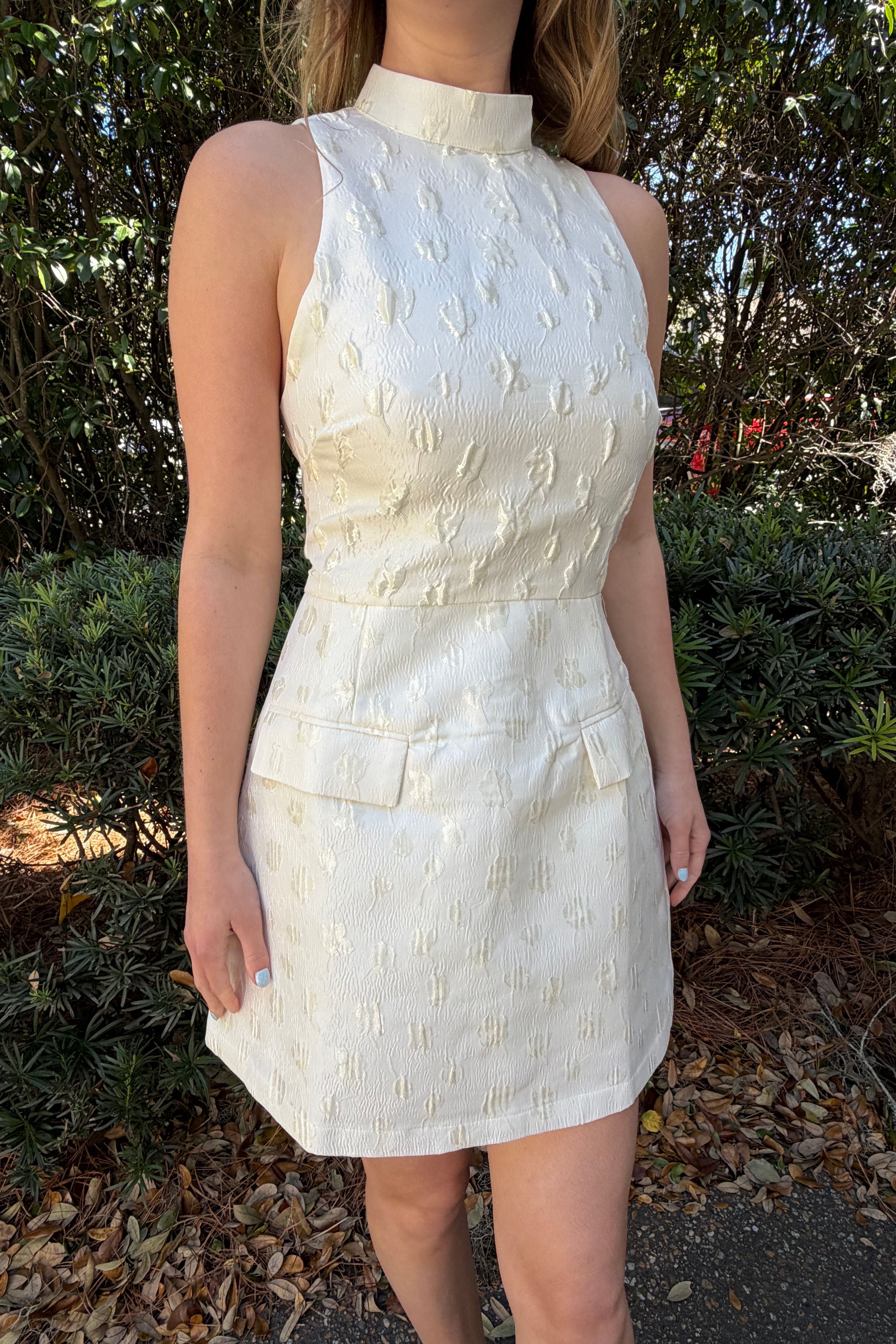 Clean Slate White Textured Halter Neck Mini Dress with High Neck and Fitted Waist