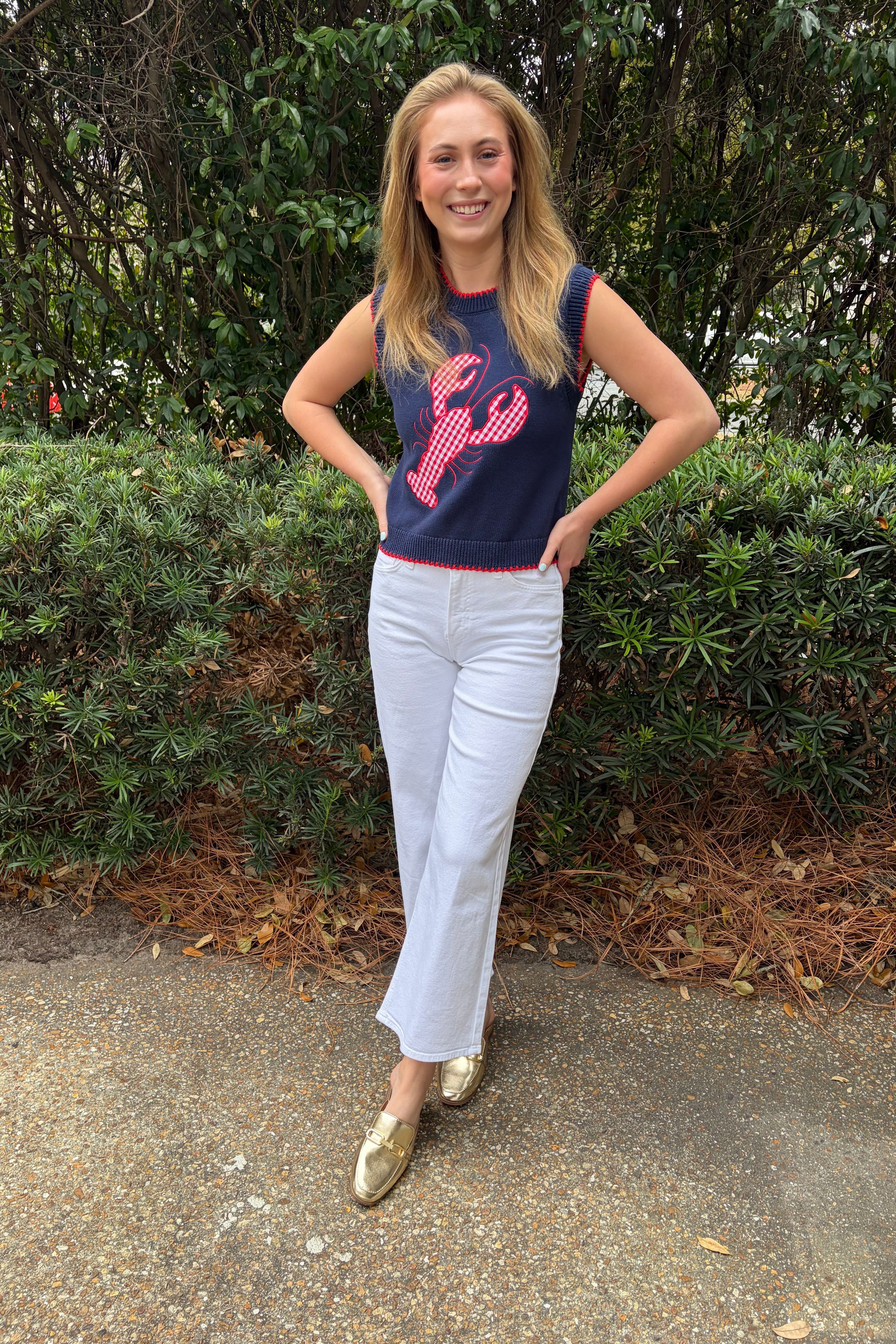 Red Snap Navy Knit Sweater Vest with Red Lobster Graphic and Contrast Trim