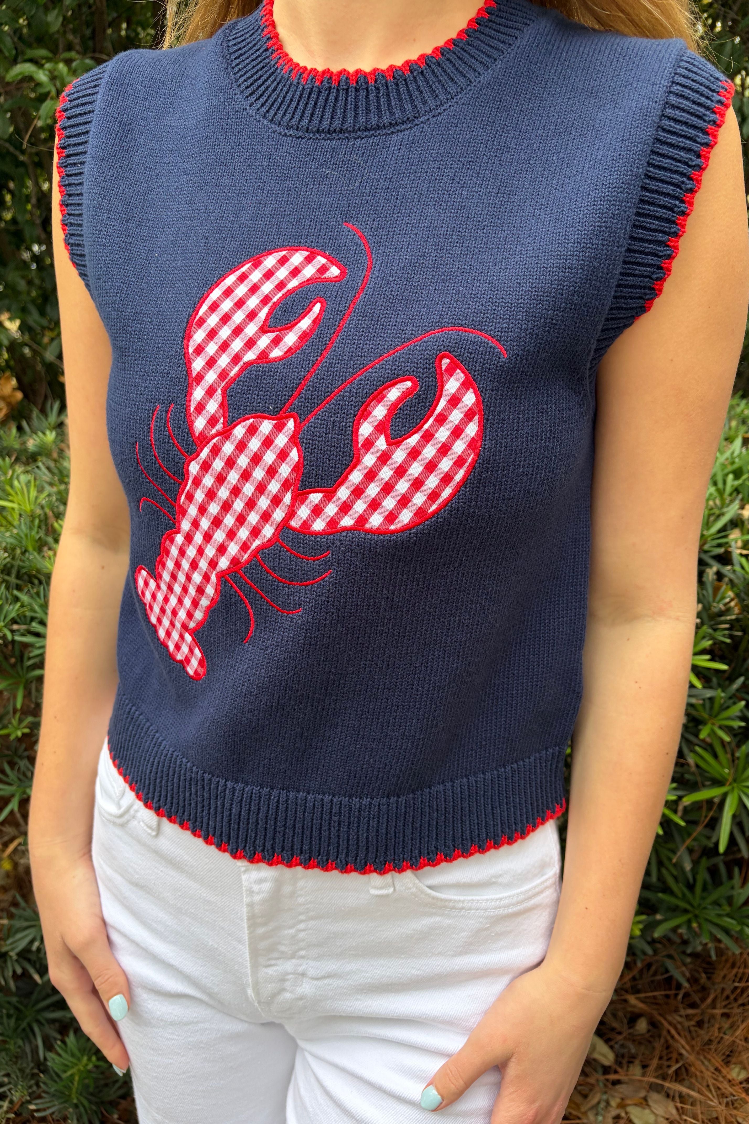 Red Snap Navy Knit Sweater Vest with Red Lobster Graphic and Contrast Trim