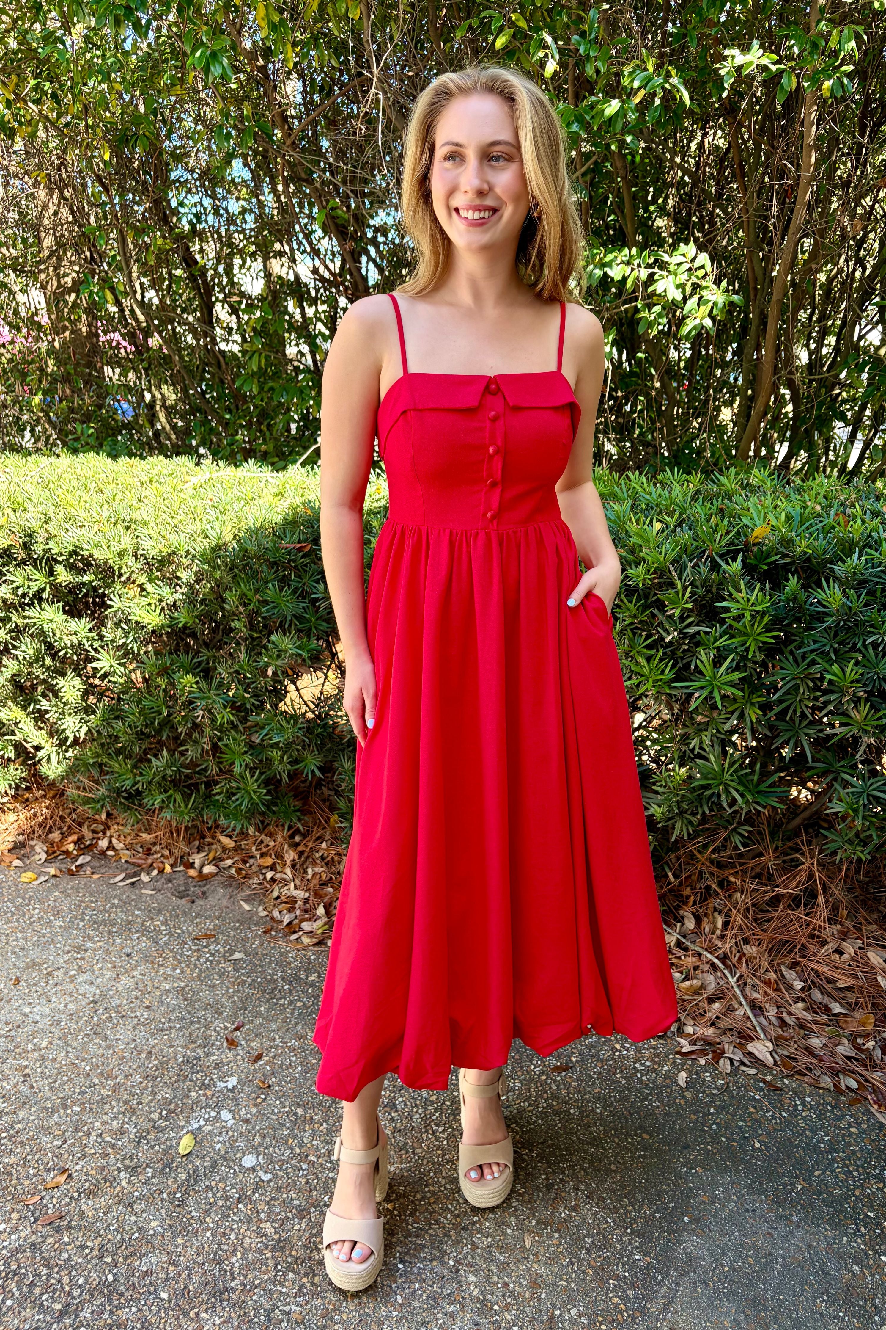 Summer Romance Red Midi Dress with Spaghetti Straps and Button Front Detail