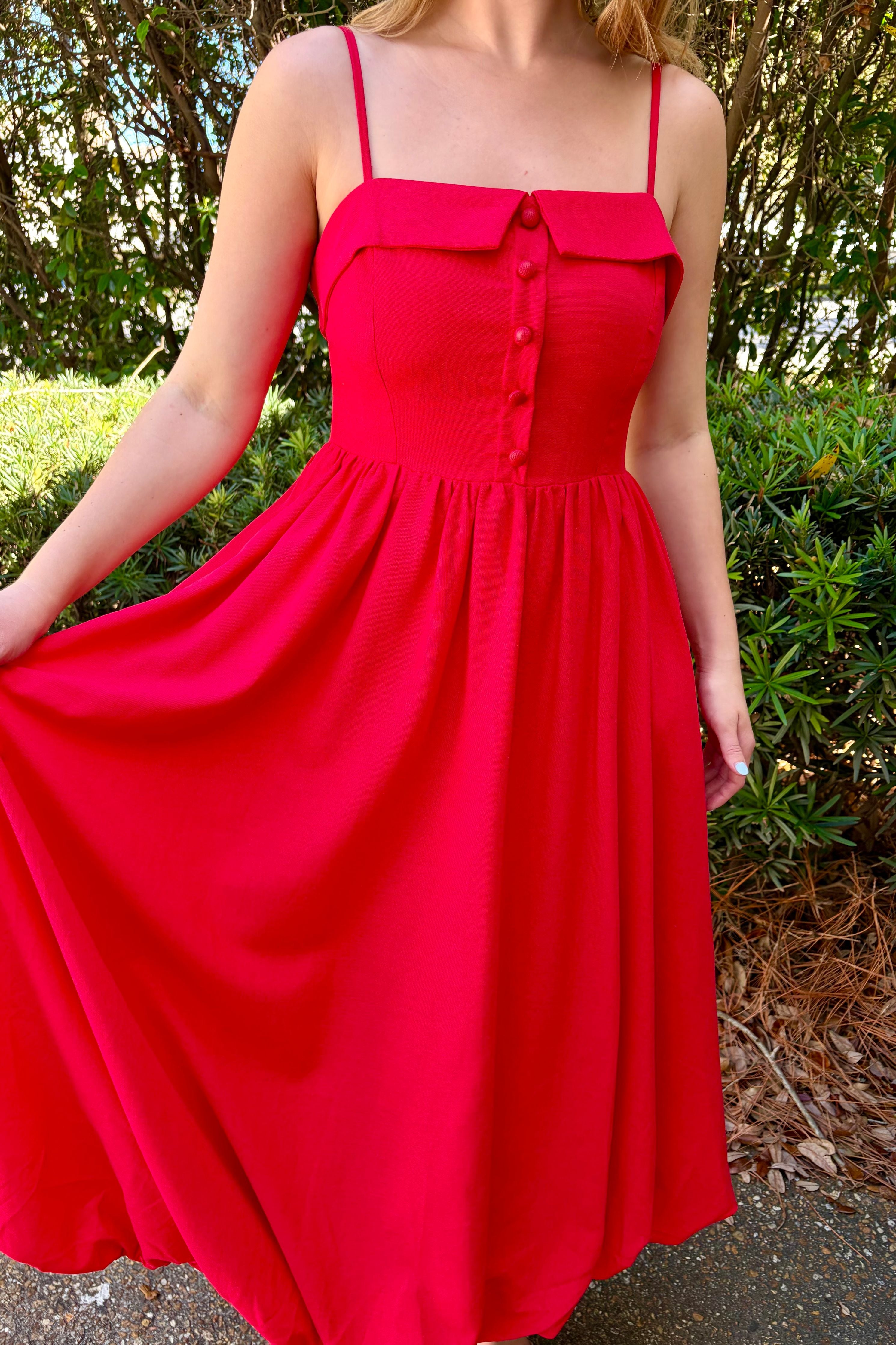 Summer Romance Red Midi Dress with Spaghetti Straps and Button Front Detail