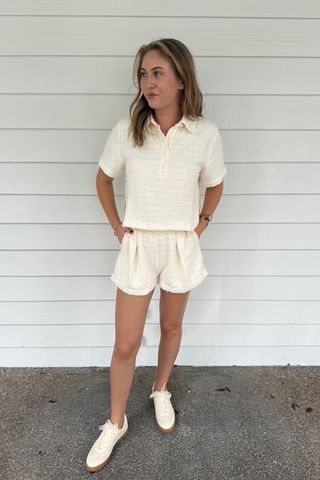 Tweed Collar Short Sleeve Top And Shorts Set