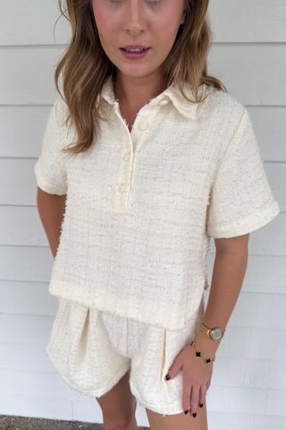 Tweed Collar Short Sleeve Top And Shorts Set