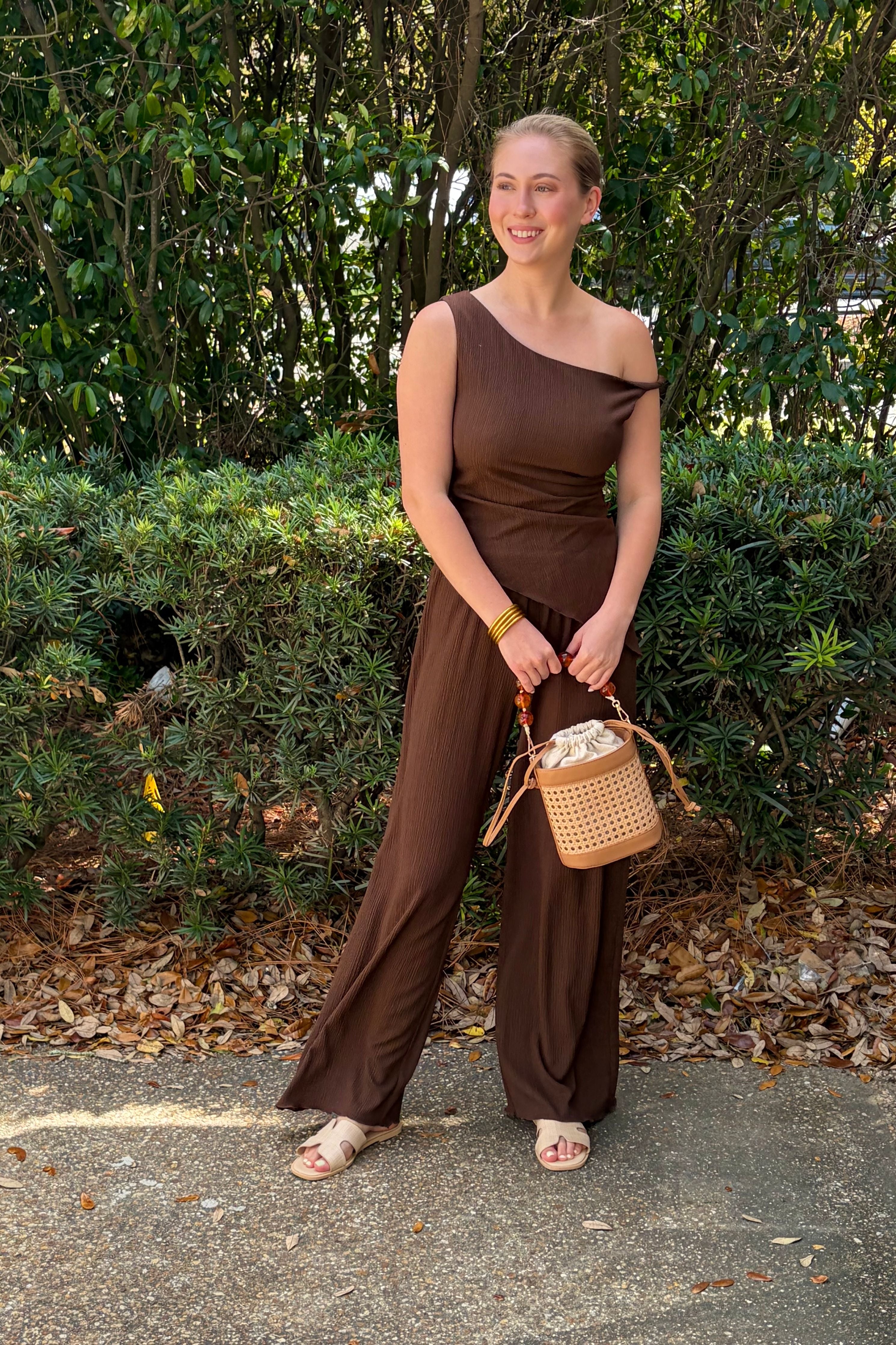 Saint Cocoa Asymmetric Textured Top and Pants Set