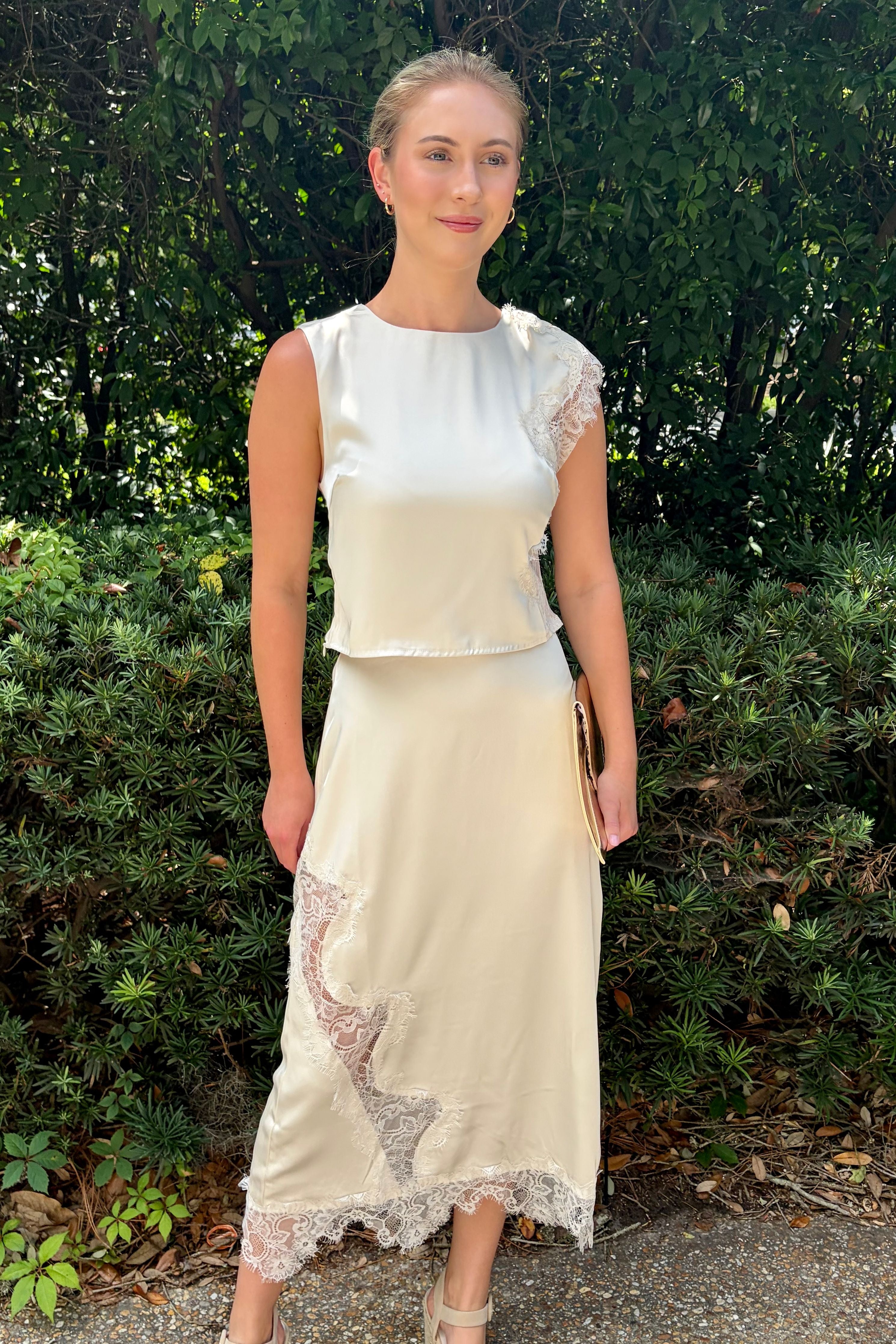 Champagne Lace Satin Lace Detail Sleeveless Top in Champagne