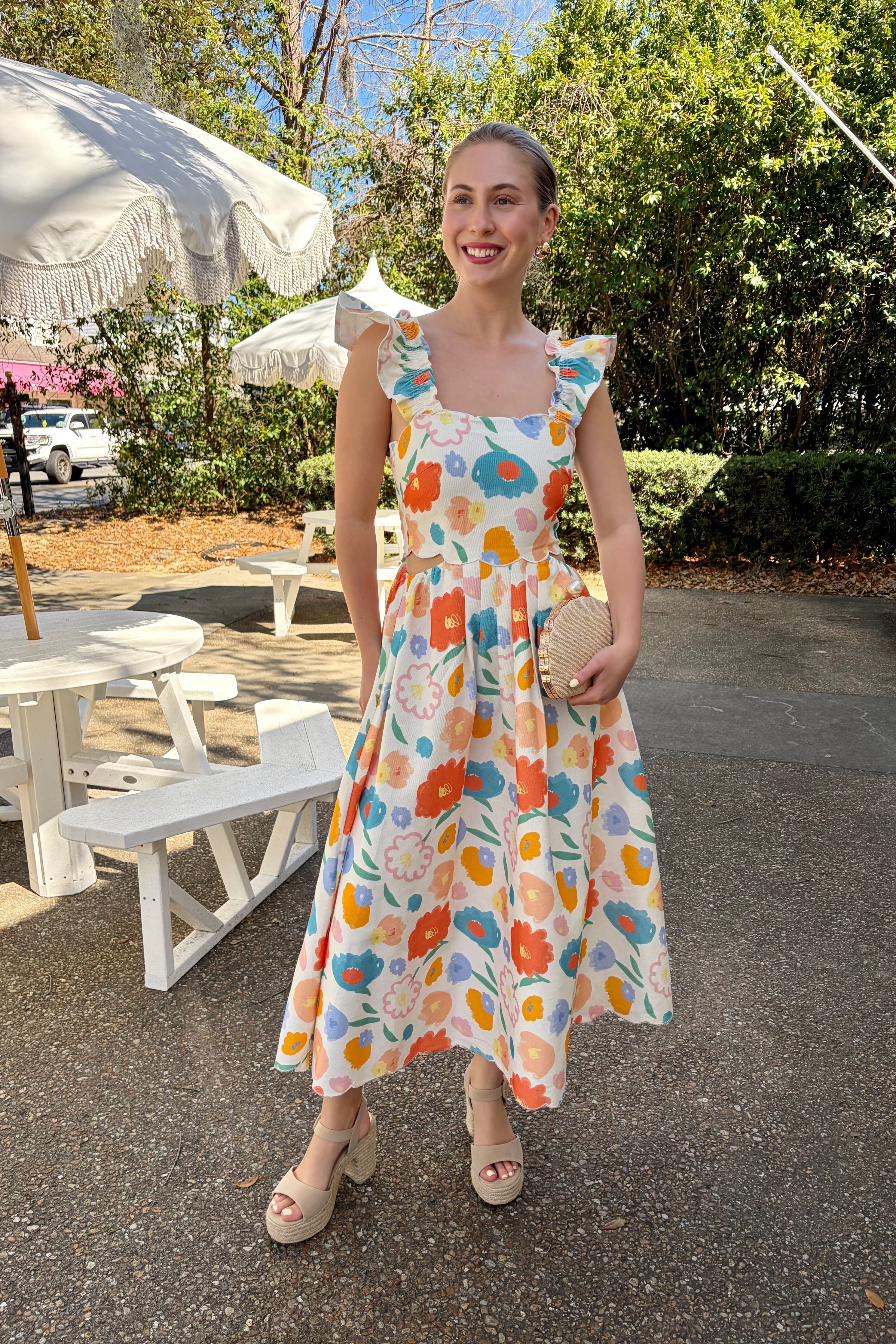 Pretty in Florals Colorful Floral Print Midi Dress with Ruffle Straps and Fit and Flare Silhouette