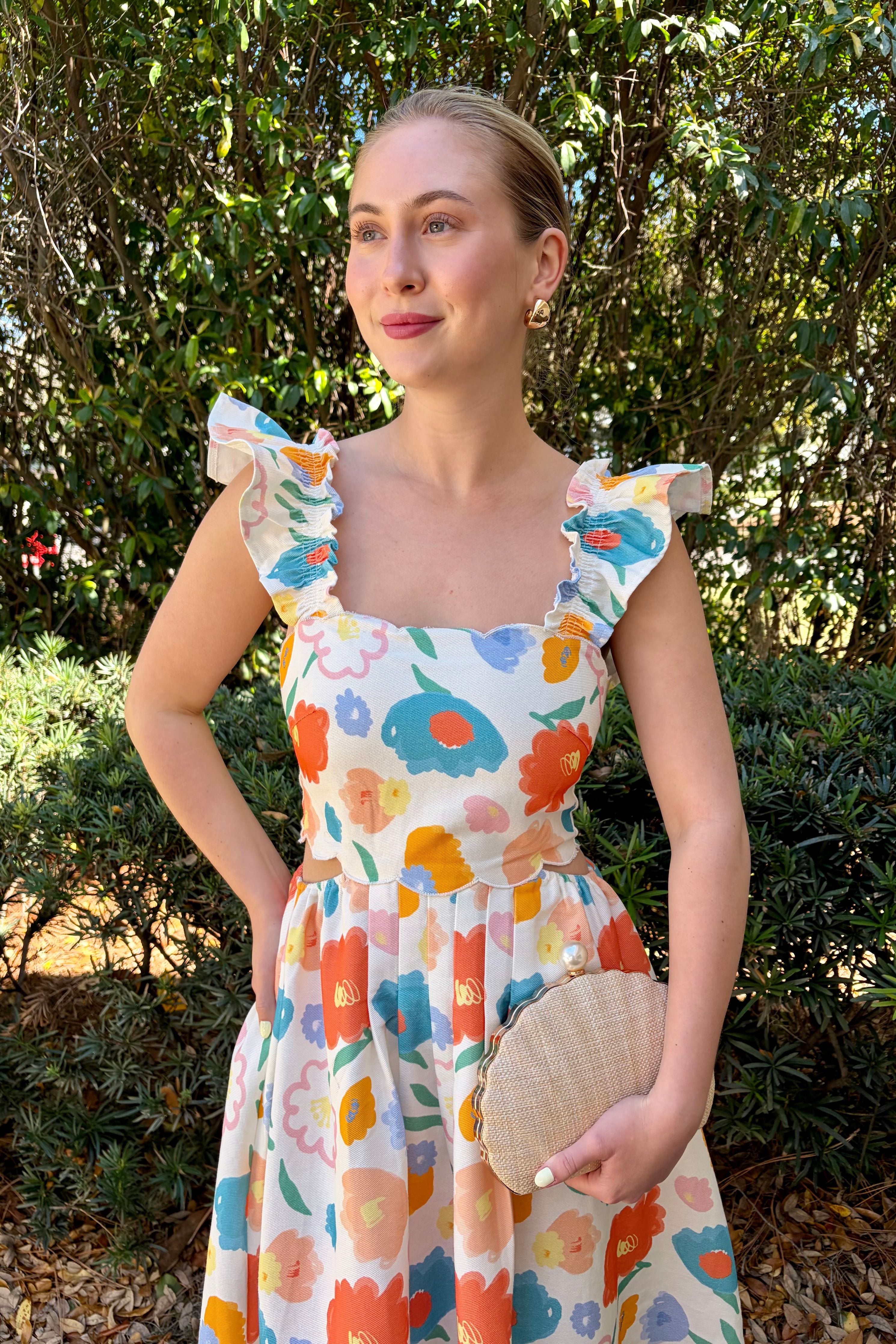 Pretty in Florals Colorful Floral Print Midi Dress with Ruffle Straps and Fit and Flare Silhouette
